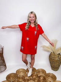 She and Sky  Star Rhinestone Studded Fringe Short Sleeve Red Mini Dress