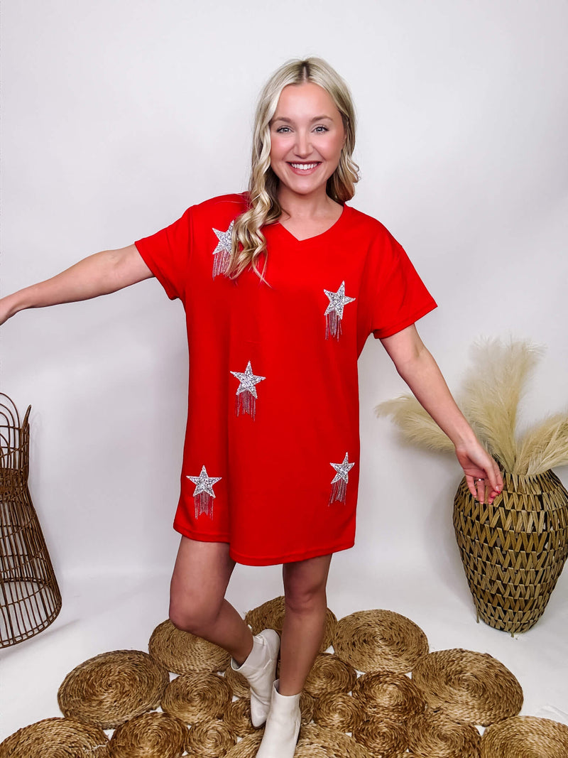 She and Sky  Star Rhinestone Studded Fringe Short Sleeve Red Mini Dress