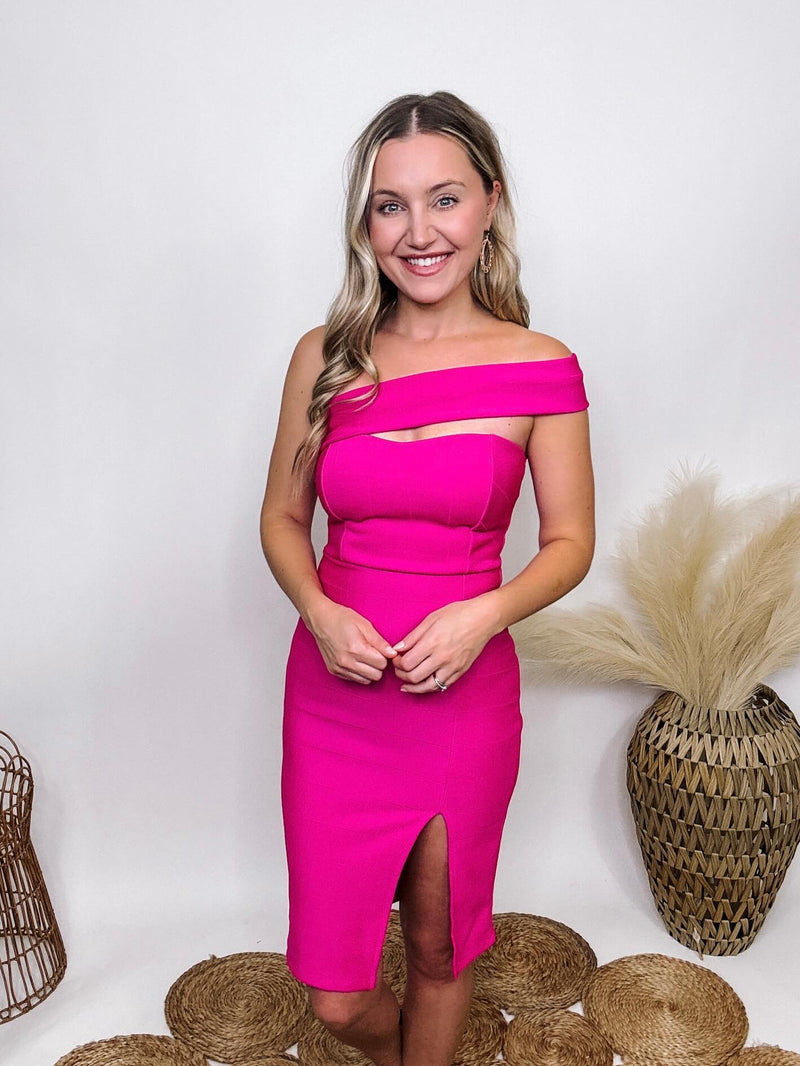 Shop Iris Basic Fuchsia Pink One Shoulder Bandage Dress Padded Bust Side Slit Sweetheart Neckline Zipper Back Fitted with Stretch 96% Polyester, 4% Spandex