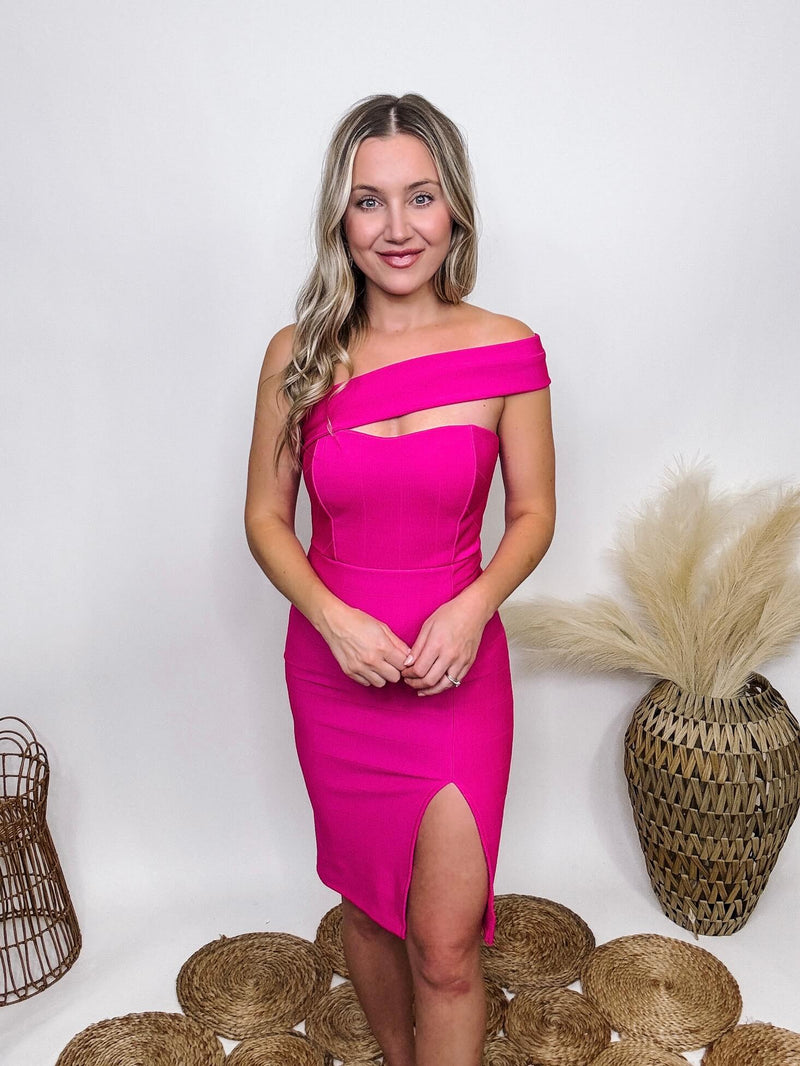 Shop Iris Basic Fuchsia Pink One Shoulder Bandage Dress Padded Bust Side Slit Sweetheart Neckline Zipper Back Fitted with Stretch 96% Polyester, 4% Spandex