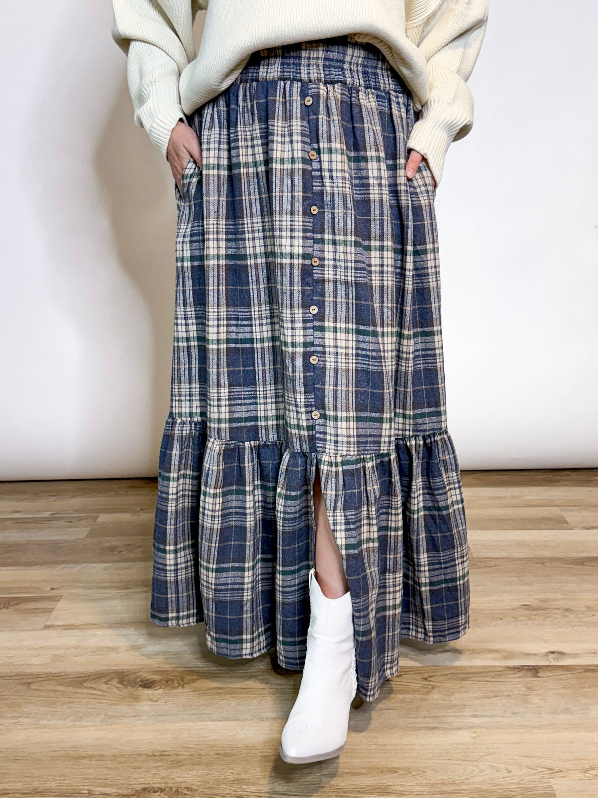Blue plaid maxi skirt with ruffle hem and buttons 