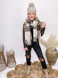 Soft Neutral Plaid Blanket Scarf with Tassels Approximately 80" L x 24" W 100% Polyester