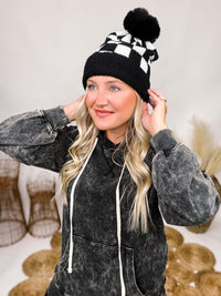 Soft Plush Black and White Checkerboard Beanie with Faux Fur Pom 100% Polyester
