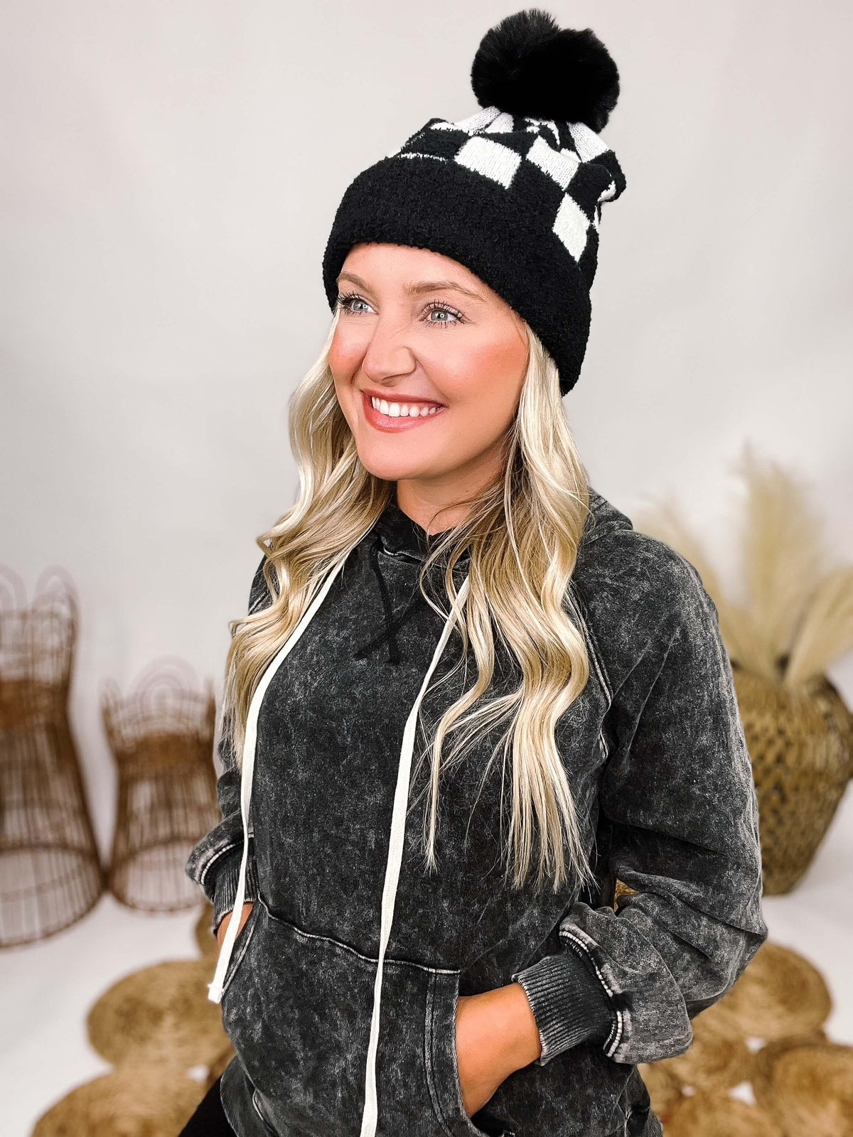 Soft Plush Black and White Checkerboard Beanie with Faux Fur Pom 100% Polyester