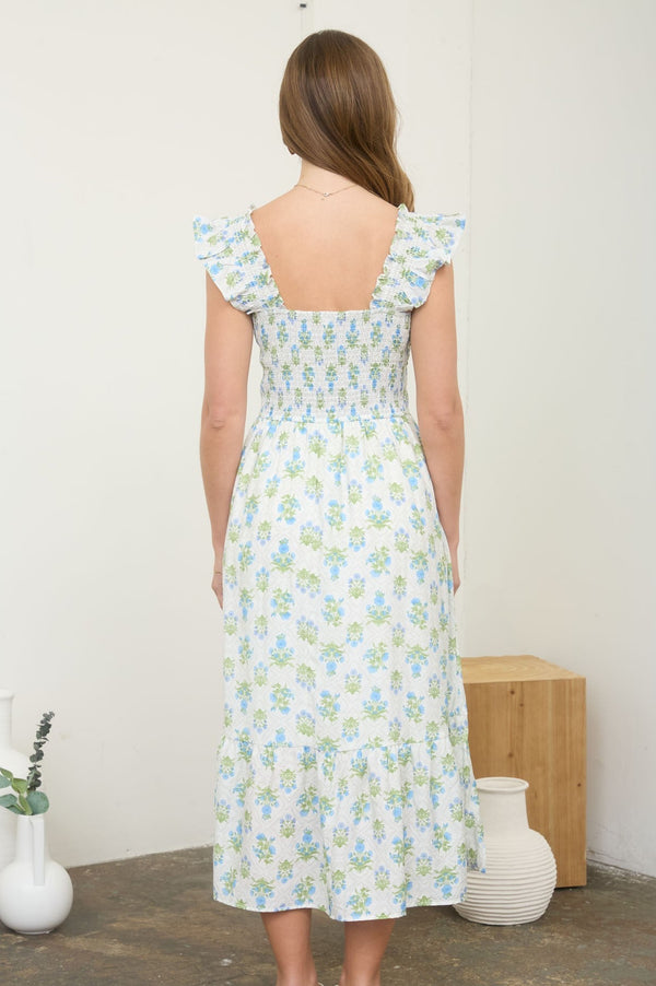 Azure Garden Boho Floral Smocked Midi Dress, Spring Dress, Boho Dress, Easter Dress