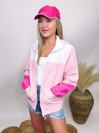 26 Inernational Stoosh Pink and White Colorblock Zip Up Hoodie Jacket Drawstring Hood Side Pockets Soft Windbreaker Material Lined Relaxed Fit 100% Nylon
