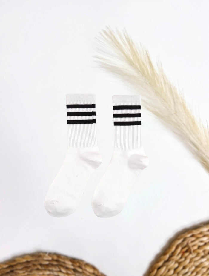 Striped Back and White Crew Sports Socks One Size Fits Most (Adult Sizes 6-11) 85% Cotton, 10% Spandex, 5% Rubber