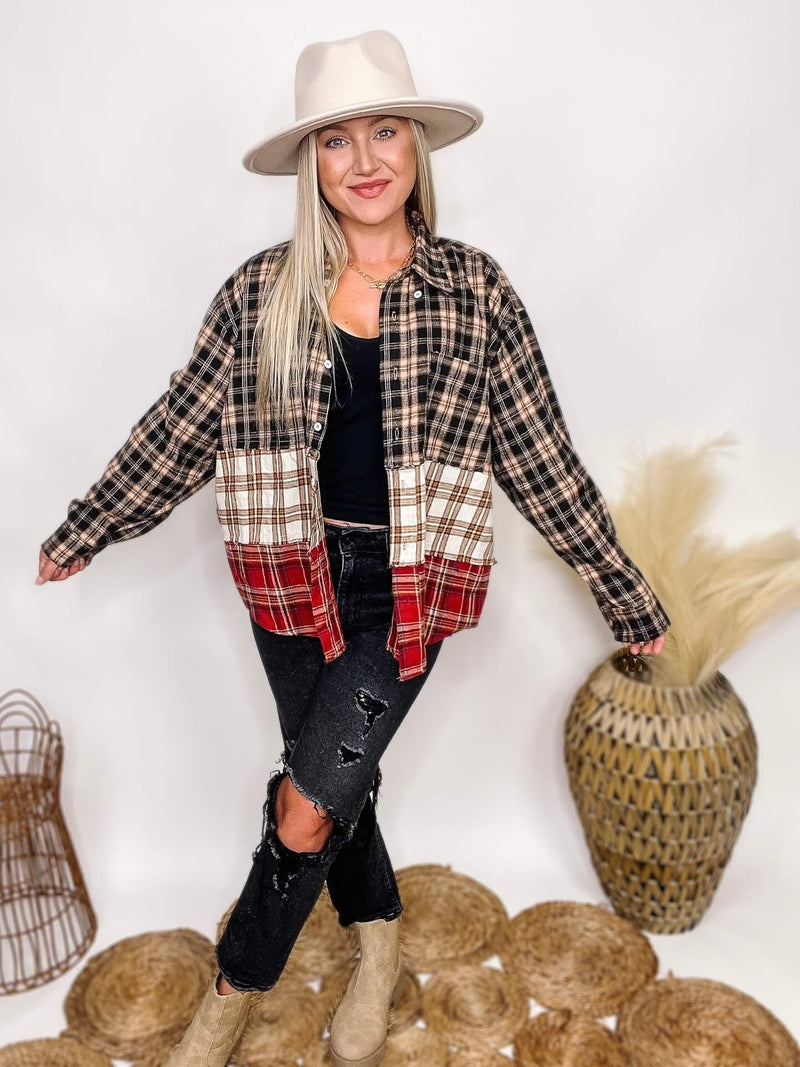 Sugarfox Black, Marsala, Oatmeal Mixed Colorblock Plaid Long Sleeve Flannel Collared Button Down Chest Pocket  Oversized Fit 100% Polyester