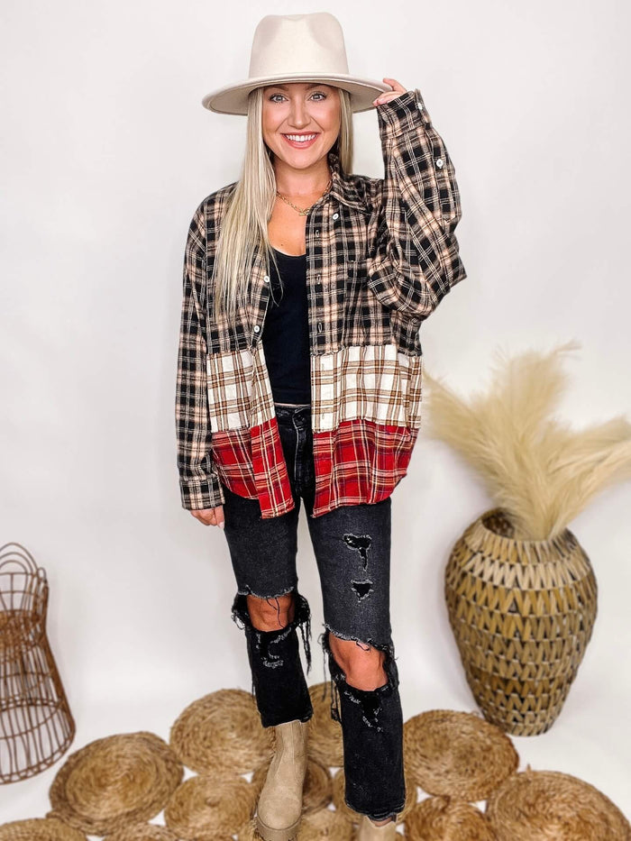 Sugarfox Black, Marsala, Oatmeal Mixed Colorblock Plaid Long Sleeve Flannel Collared Button Down Chest Pocket  Oversized Fit 100% Polyester