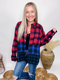 Sugarfox Red, Black, Blue, Green Mixed Colorblock Plaid Long Sleeve Flannel Collared Button Down Chest Pocket  Oversized Fit 100% Polyester