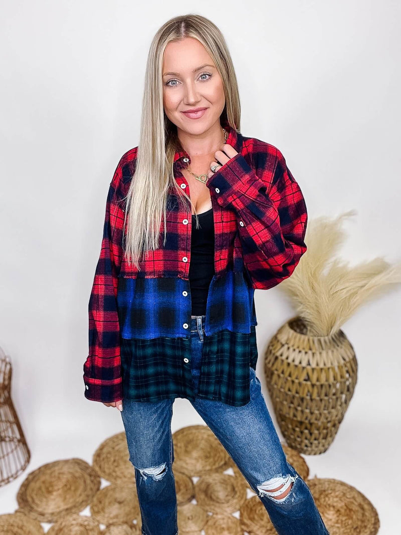 Sugarfox Red, Black, Blue, Green Mixed Colorblock Plaid Long Sleeve Flannel Collared Button Down Chest Pocket  Oversized Fit 100% Polyester