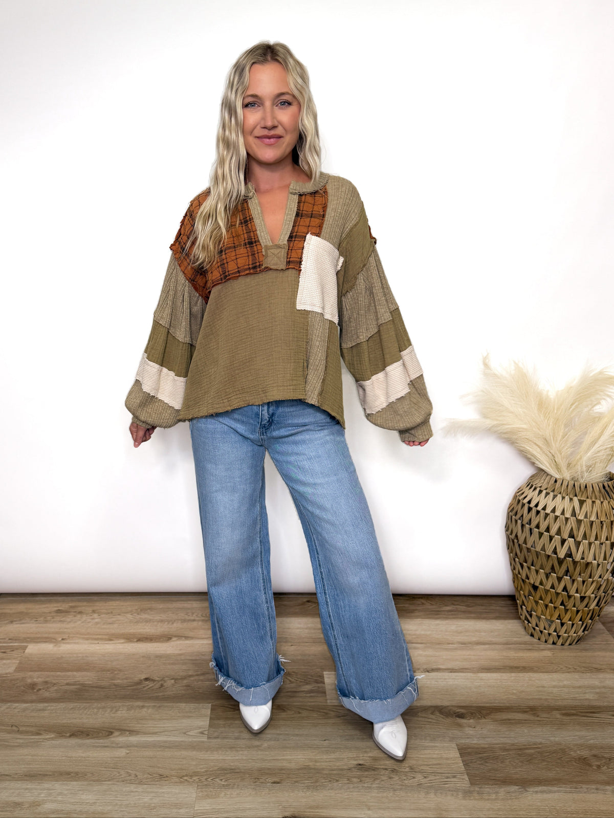Taupe Pumpkin Quilted Patchwork Long Sleeve Top by POL