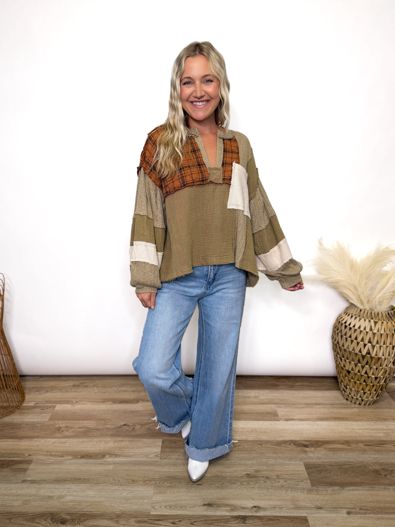 Taupe Pumpkin Quilted Patchwork Long Sleeve Top by POL