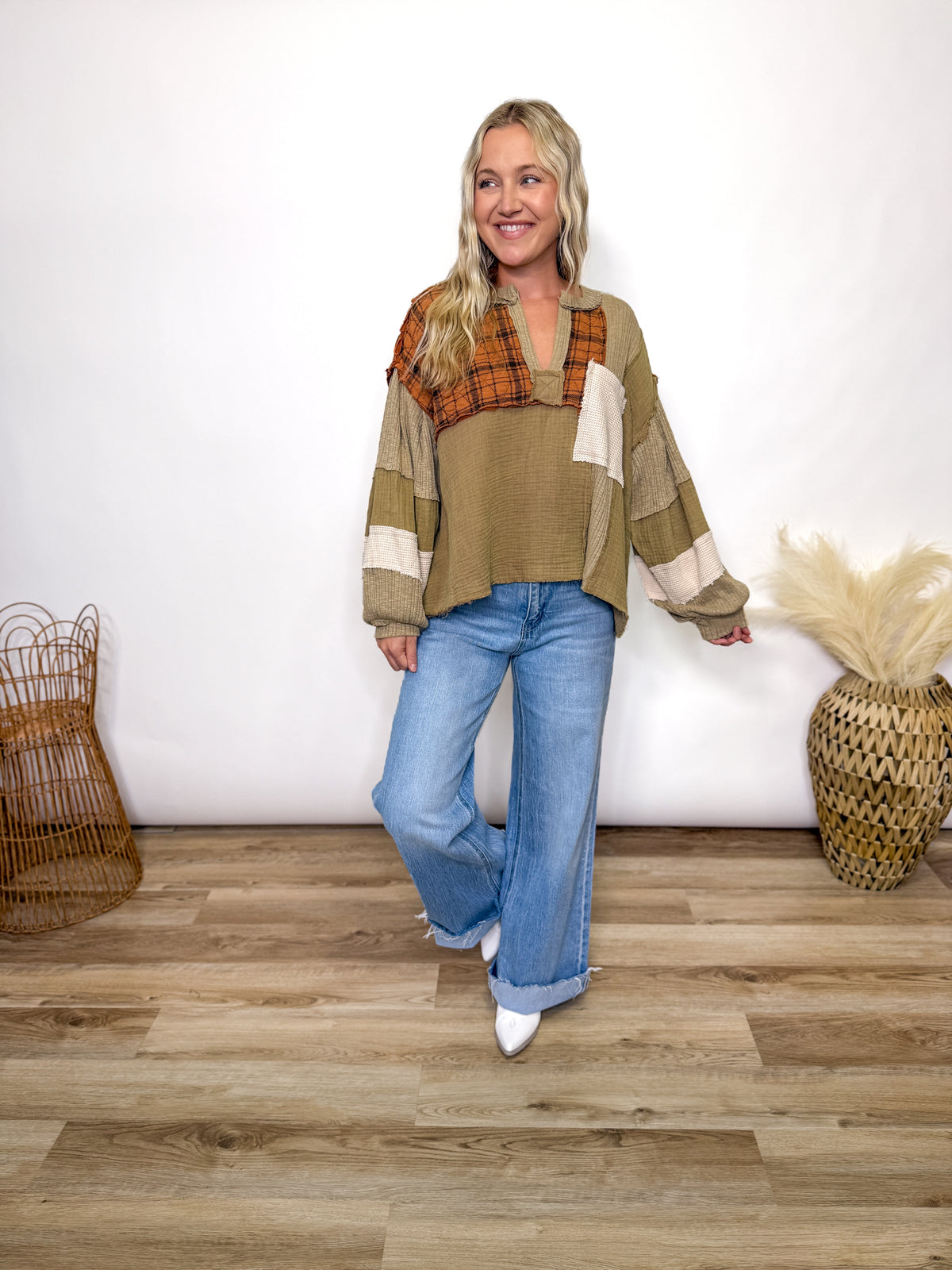 Taupe Pumpkin Quilted Patchwork Long Sleeve Top by POL