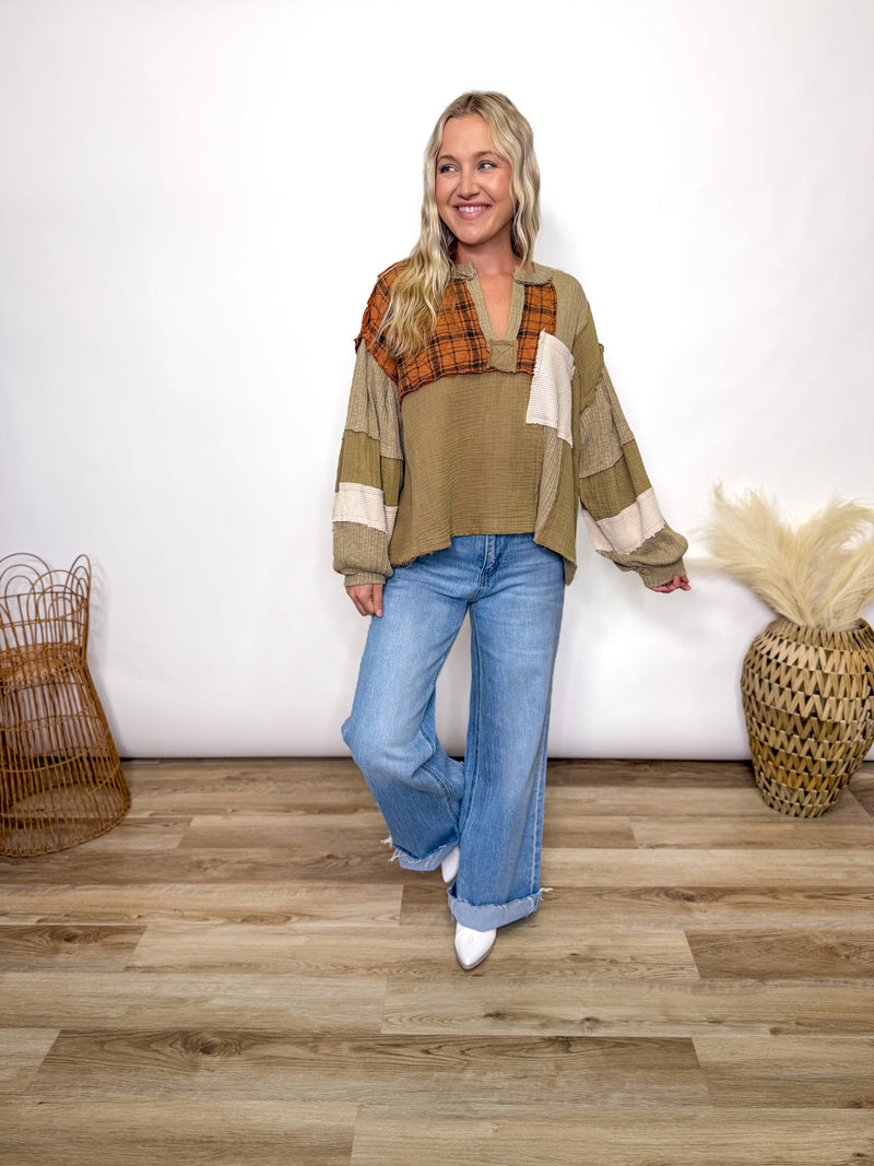 Taupe Pumpkin Quilted Patchwork Long Sleeve Top by POL