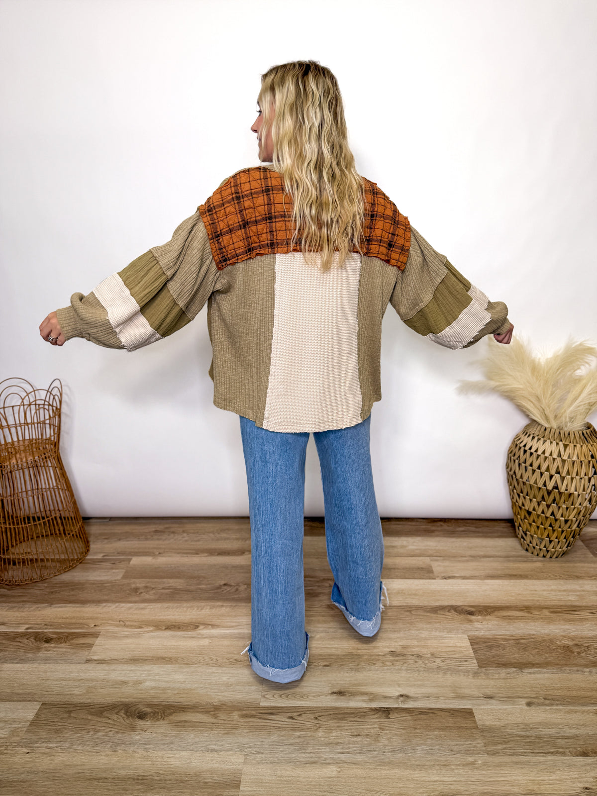 Taupe Pumpkin Quilted Patchwork Long Sleeve Top by POL