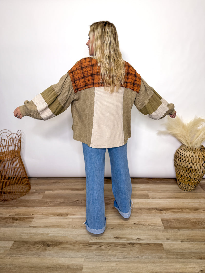 Taupe Pumpkin Quilted Patchwork Long Sleeve Top by POL