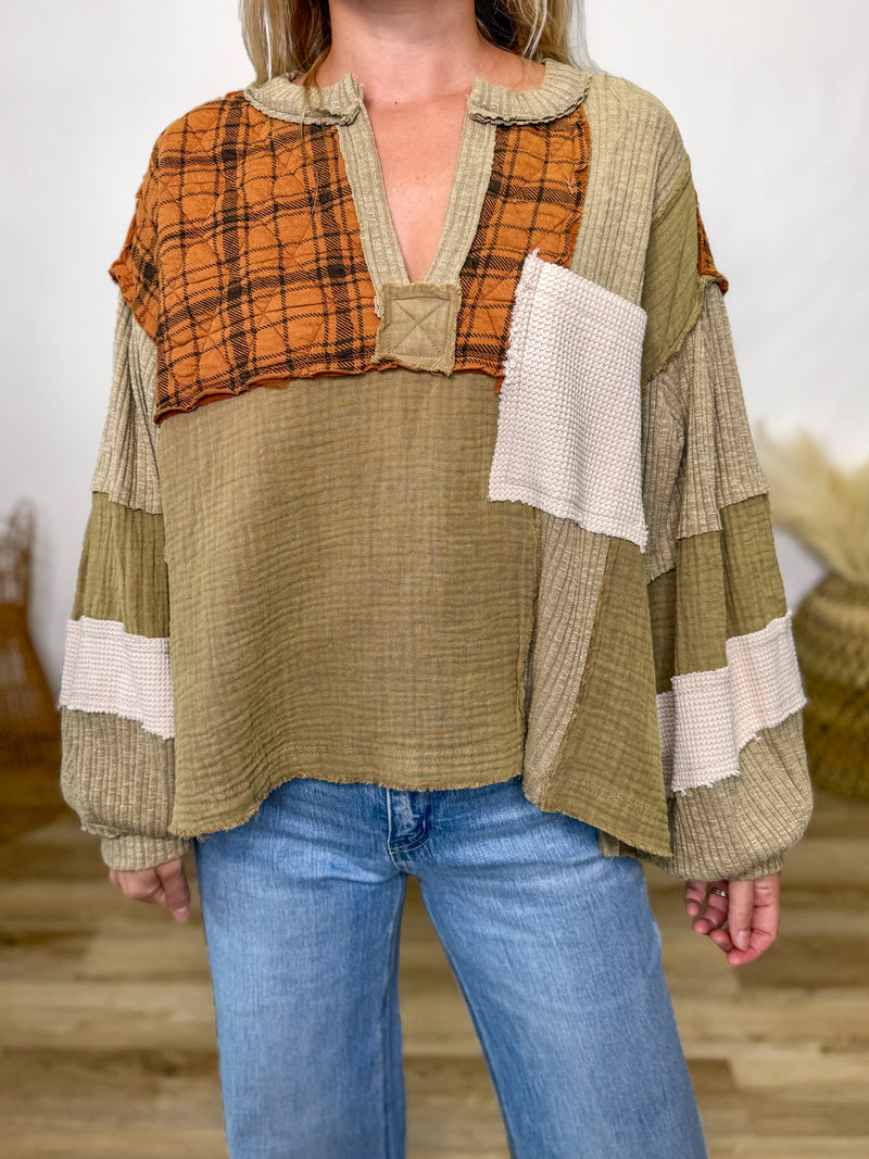Taupe Pumpkin Quilted Patchwork Long Sleeve Top by POL