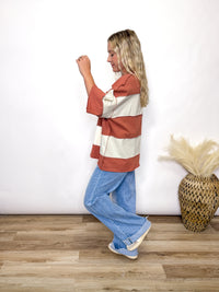 Terracotta and cream color block oversized t-shirt with short sleeves and exposed seams