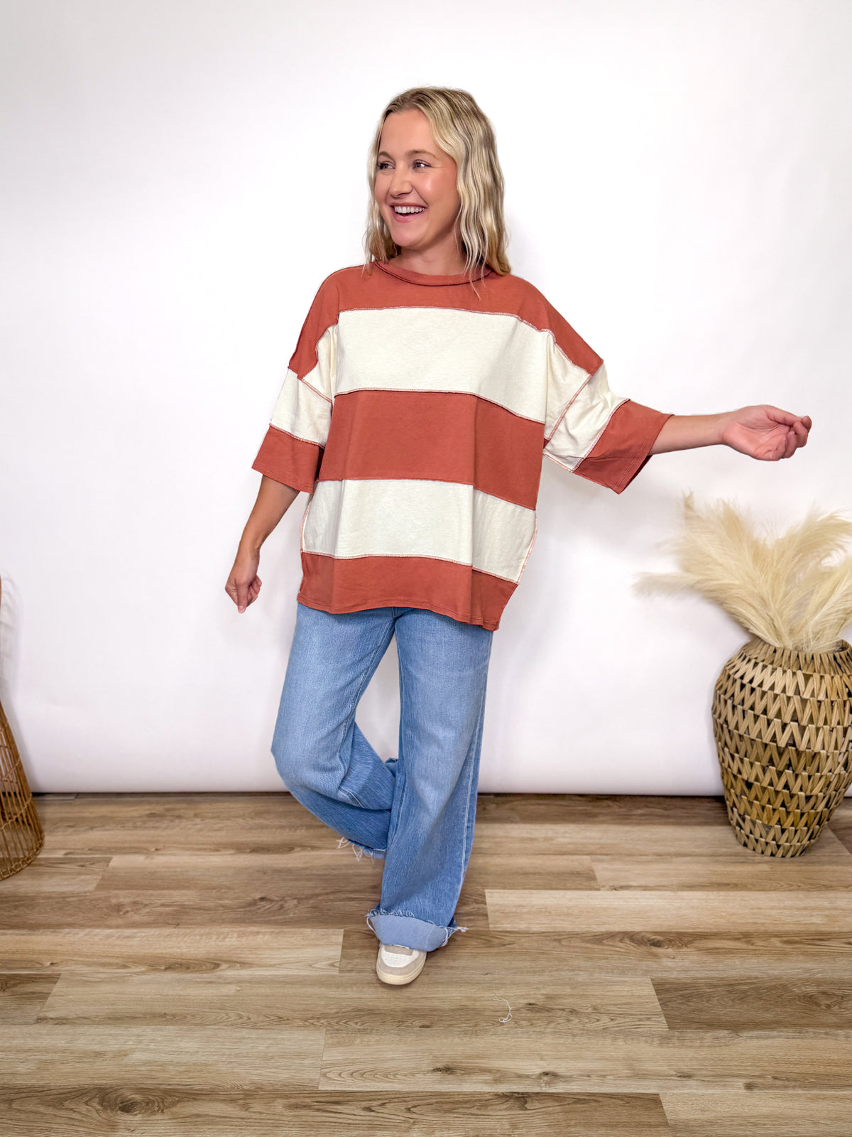 Terracotta and cream color block oversized t-shirt with short sleeves and exposed seams