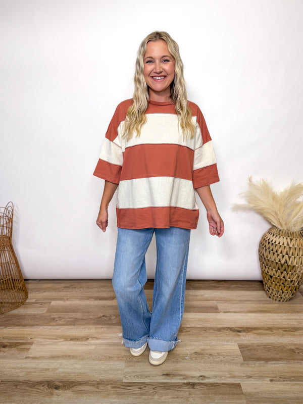 Terracotta and cream color block oversized t-shirt with short sleeves and exposed seams