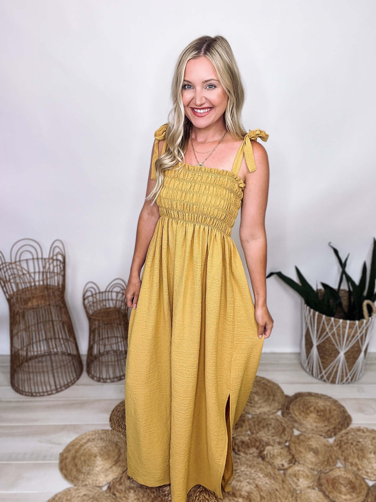 Mustard Yellow Textured Maxi Dress Side Slit Stretchy Smocked Bust Adjustable Bow Tie Straps Flowy Fit True to Size