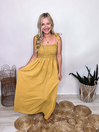 Mustard Yellow Textured Maxi Dress Side Slit Stretchy Smocked Bust Adjustable Bow Tie Straps Flowy Fit True to Size