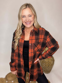 Ginger Black Mix Button Down Plaid Flannel Shacket Front Chest Pocket Roll-up Button Cuffs Frayed Hem and Arm Details Oversized Fit 70% Polyester, 30% Cotton