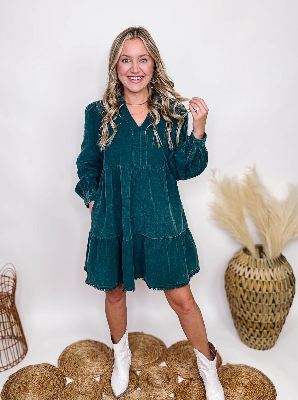 Umge Dark Teal Green Mineral Washed Corduroy Frayed Hem Tiered Babydoll Dress Flowy Relaxed Fit Side Pockets True to Size