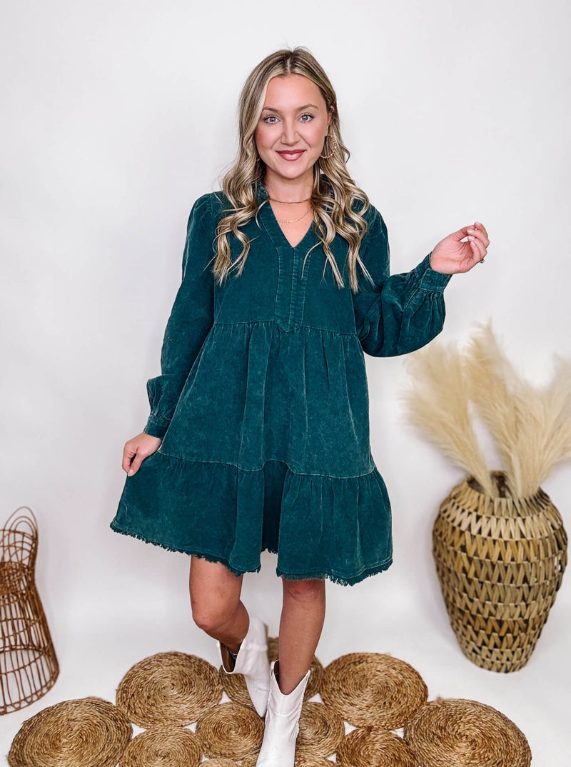 Umge Dark Teal Green Mineral Washed Corduroy Frayed Hem Tiered Babydoll Dress Flowy Relaxed Fit Side Pockets True to Size