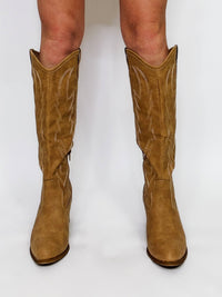 Camel Upwind Western Cowgirl Boot by Dirty Laundry Pleather Upper Manmade Materials Throughout Semi-Pointed Toe Whipstitch Detailing Side Zipper 2.75" Block Heel