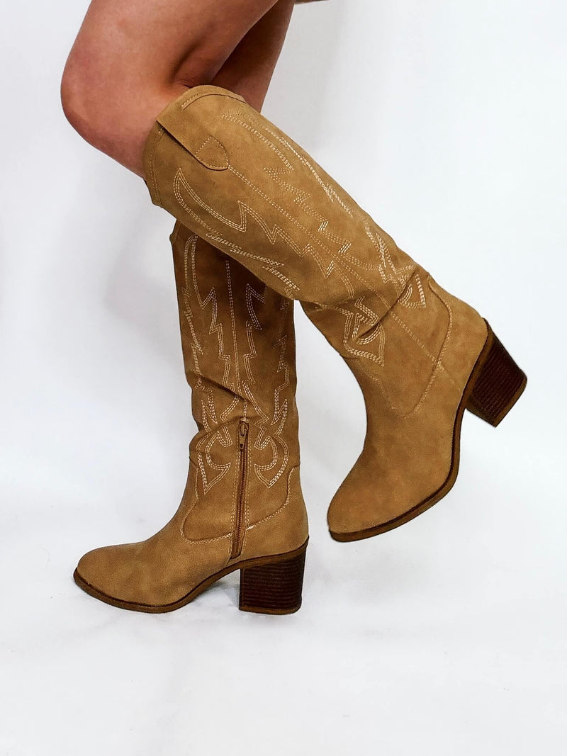 Camel Upwind Western Cowgirl Boot by Dirty Laundry Pleather Upper Manmade Materials Throughout Semi-Pointed Toe Whipstitch Detailing Side Zipper 2.75" Block Heel