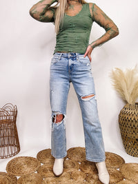 High Rise Distressed Dad Jeans Cropped Length Distressed Comfort Stretch Vervet by Flying Monkey 94% Cotton, 5% Polyester, 1% Spandex 10" Rise, 27" Inseam