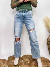 High Rise Distressed Dad Jeans Cropped Length Distressed Comfort Stretch Vervet by Flying Monkey 94% Cotton, 5% Polyester, 1% Spandex 10" Rise, 27" Inseam