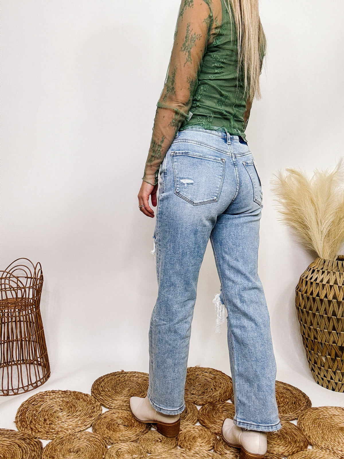 High Rise Distressed Dad Jeans Cropped Length Distressed Comfort Stretch Vervet by Flying Monkey 94% Cotton, 5% Polyester, 1% Spandex 10" Rise, 27" Inseam