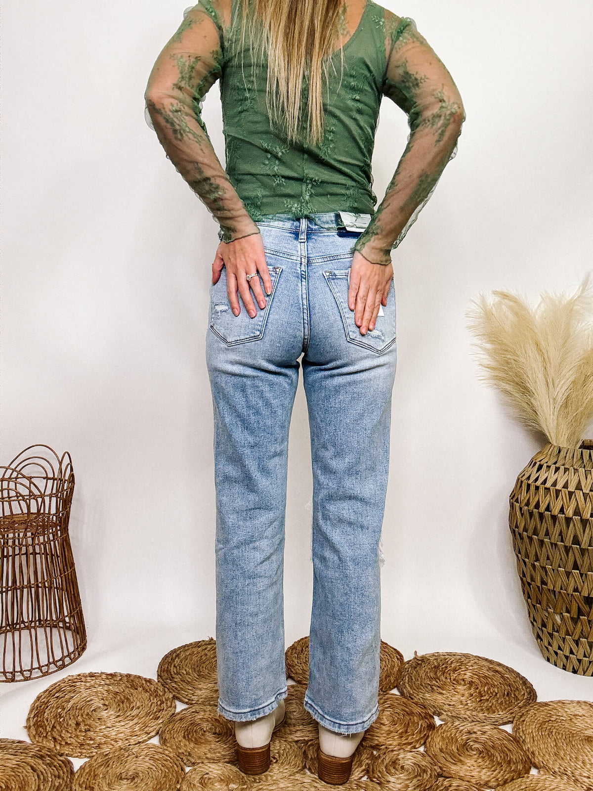 High Rise Distressed Dad Jeans Cropped Length Distressed Comfort Stretch Vervet by Flying Monkey 94% Cotton, 5% Polyester, 1% Spandex 10" Rise, 27" Inseam