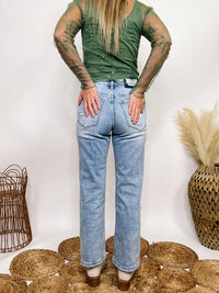 High Rise Distressed Dad Jeans Cropped Length Distressed Comfort Stretch Vervet by Flying Monkey 94% Cotton, 5% Polyester, 1% Spandex 10" Rise, 27" Inseam