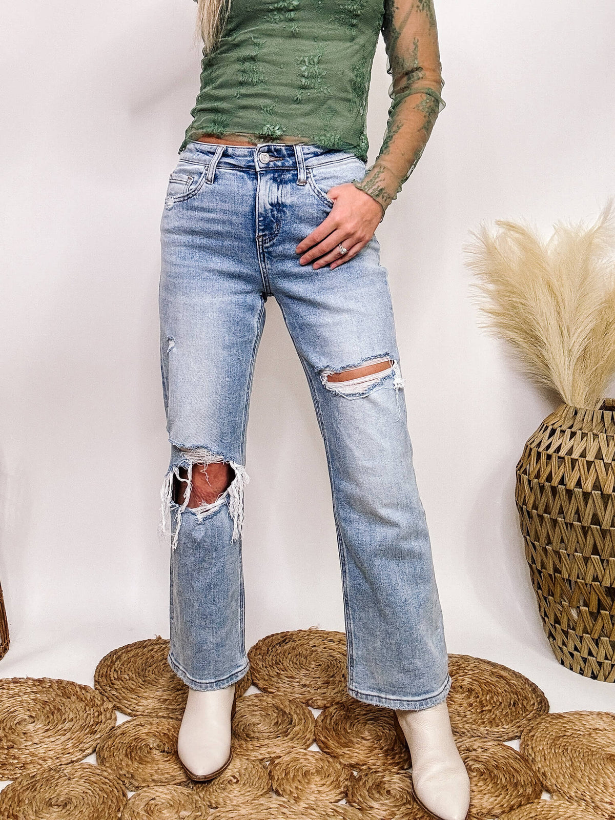 High Rise Distressed Dad Jeans Cropped Length Distressed Comfort Stretch Vervet by Flying Monkey 94% Cotton, 5% Polyester, 1% Spandex 10" Rise, 27" Inseam