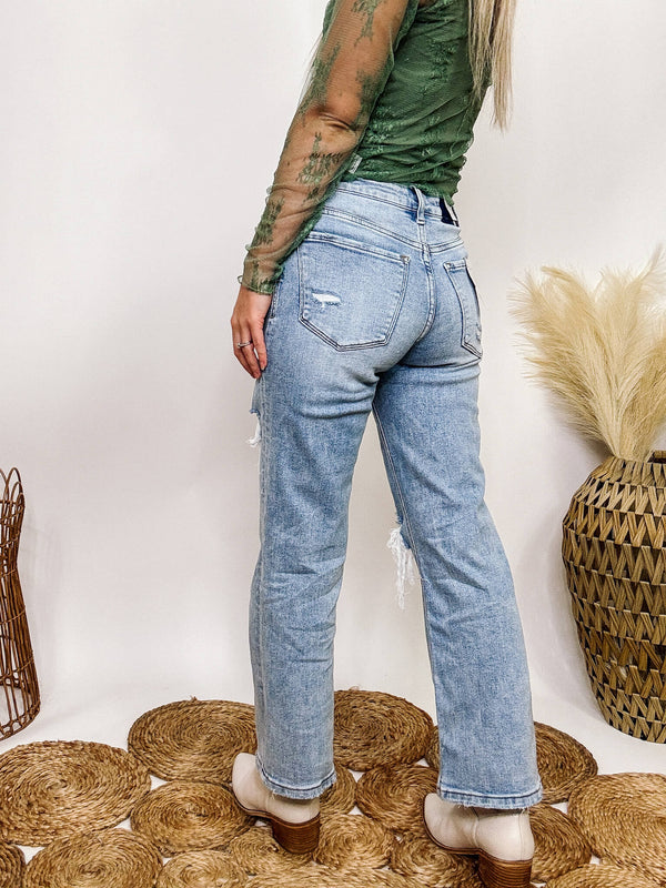 High Rise Distressed Dad Jeans Cropped Length Distressed Comfort Stretch Vervet by Flying Monkey 94% Cotton, 5% Polyester, 1% Spandex 10" Rise, 27" Inseam