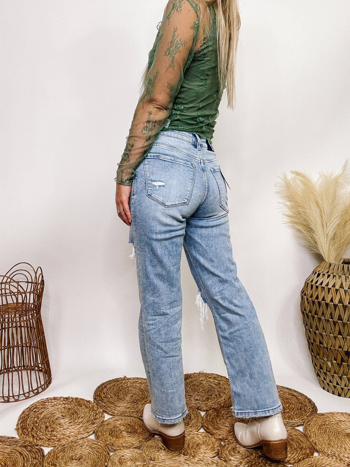 High Rise Distressed Dad Jeans Cropped Length Distressed Comfort Stretch Vervet by Flying Monkey 94% Cotton, 5% Polyester, 1% Spandex 10" Rise, 27" Inseam