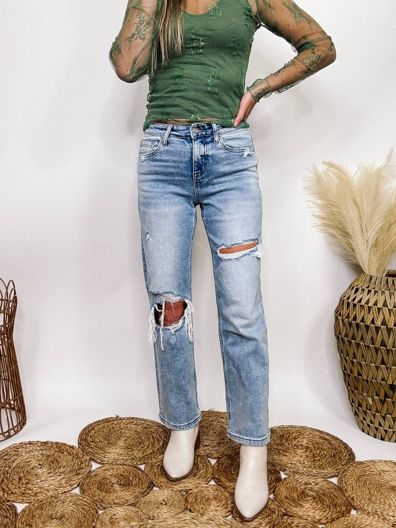 High Rise Distressed Dad Jeans Cropped Length Distressed Comfort Stretch Vervet by Flying Monkey 94% Cotton, 5% Polyester, 1% Spandex 10" Rise, 27" Inseam