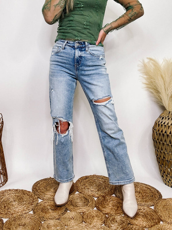 High Rise Distressed Dad Jeans Cropped Length Distressed Comfort Stretch Vervet by Flying Monkey 94% Cotton, 5% Polyester, 1% Spandex 10" Rise, 27" Inseam