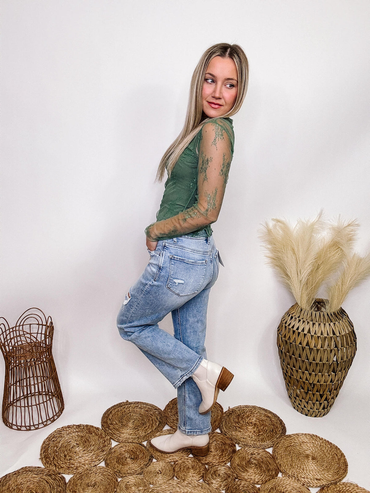 High Rise Distressed Dad Jeans Cropped Length Distressed Comfort Stretch Vervet by Flying Monkey 94% Cotton, 5% Polyester, 1% Spandex 10" Rise, 27" Inseam