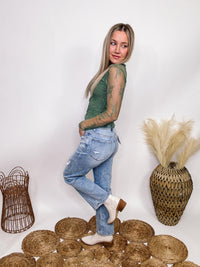 High Rise Distressed Dad Jeans Cropped Length Distressed Comfort Stretch Vervet by Flying Monkey 94% Cotton, 5% Polyester, 1% Spandex 10" Rise, 27" Inseam