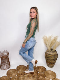 High Rise Distressed Dad Jeans Cropped Length Distressed Comfort Stretch Vervet by Flying Monkey 94% Cotton, 5% Polyester, 1% Spandex 10" Rise, 27" Inseam