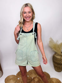Very J Washed Sage Short Overall Tie Romper