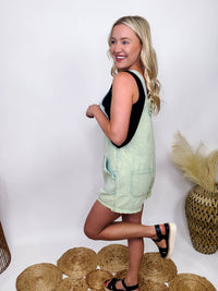 Very J Washed Sage Short Overall Tie Romper