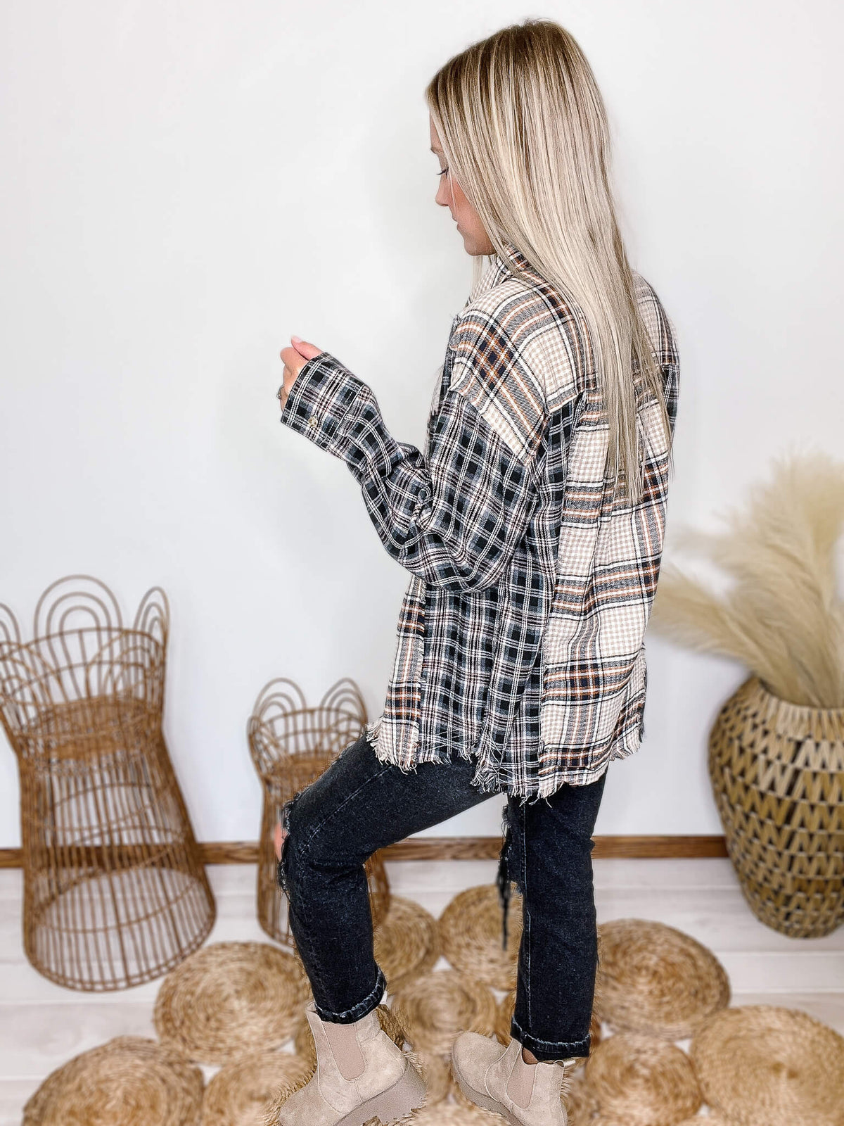 Black Neutral Mixed Plaid Long Sleeve Flannel Collared Button Down Raw Frayed Hem and Details Side Slits Chest Pockets Relaxed Loose Fit