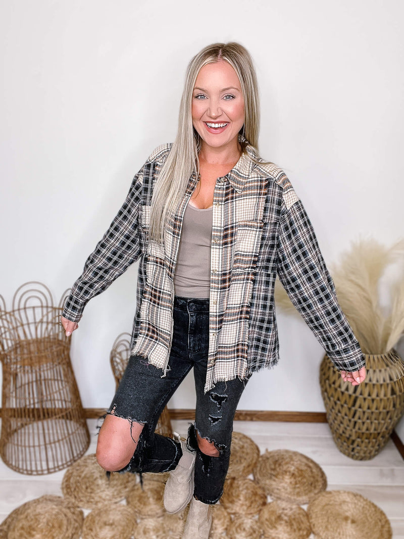 Very J Black Neutral Mixed Plaid Long Sleeve Flannel Collared Button Down Raw Frayed Hem and Details Side Slits Chest Pockets Relaxed Loose Fit