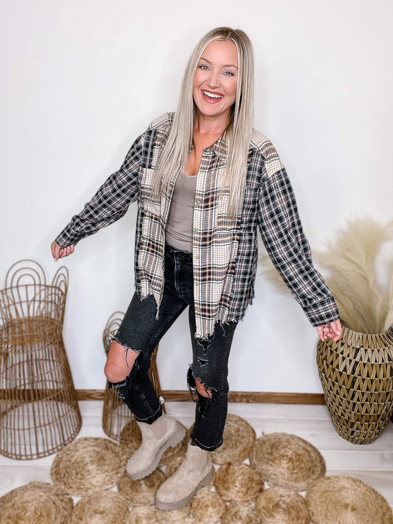 Black Neutral Mixed Plaid Long Sleeve Flannel Collared Button Down Raw Frayed Hem and Details Side Slits Chest Pockets Relaxed Loose Fit